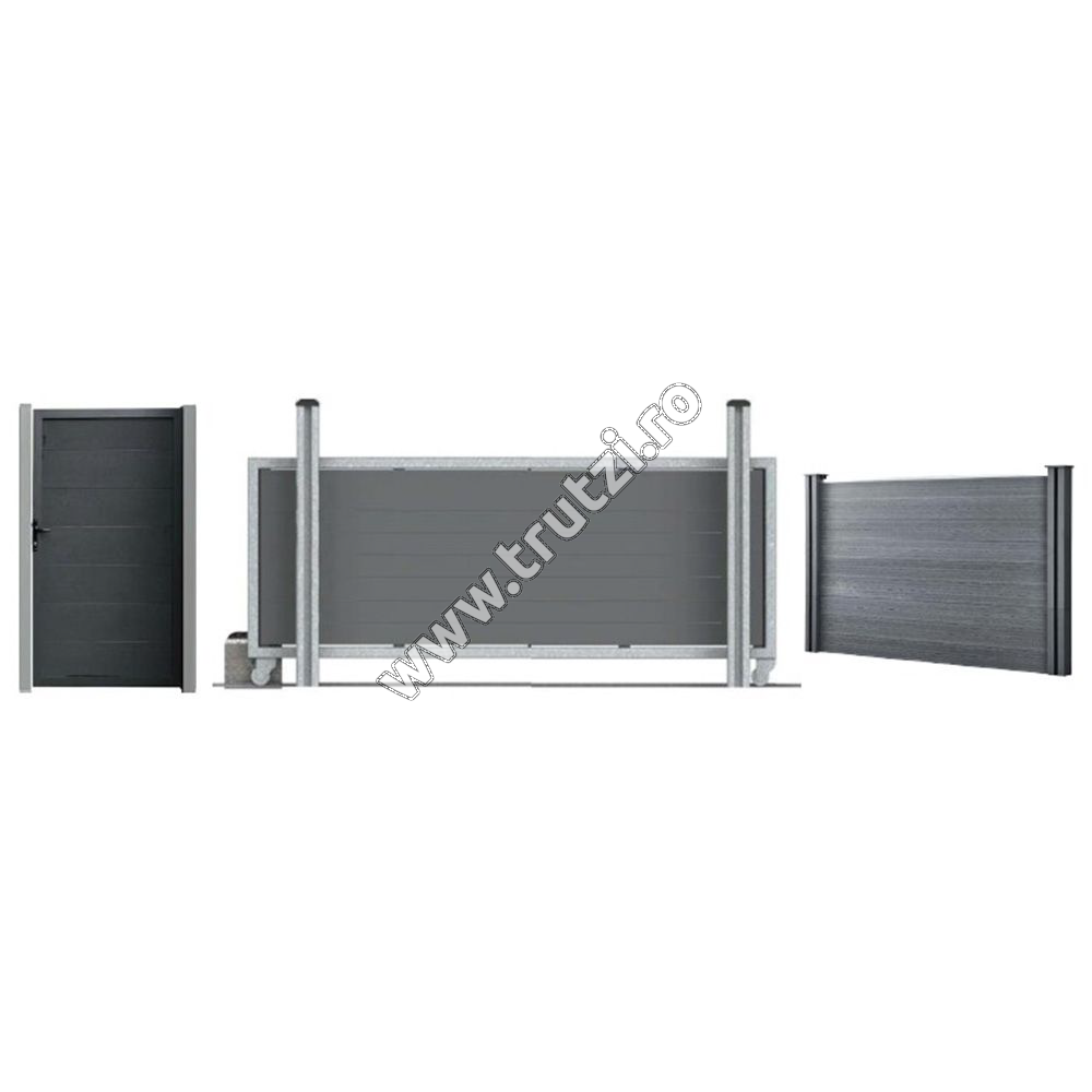 Imagine poarta culisanta wpc tec privacy 5400x1900mm, stalp 2000mm, rama aluminiu argint