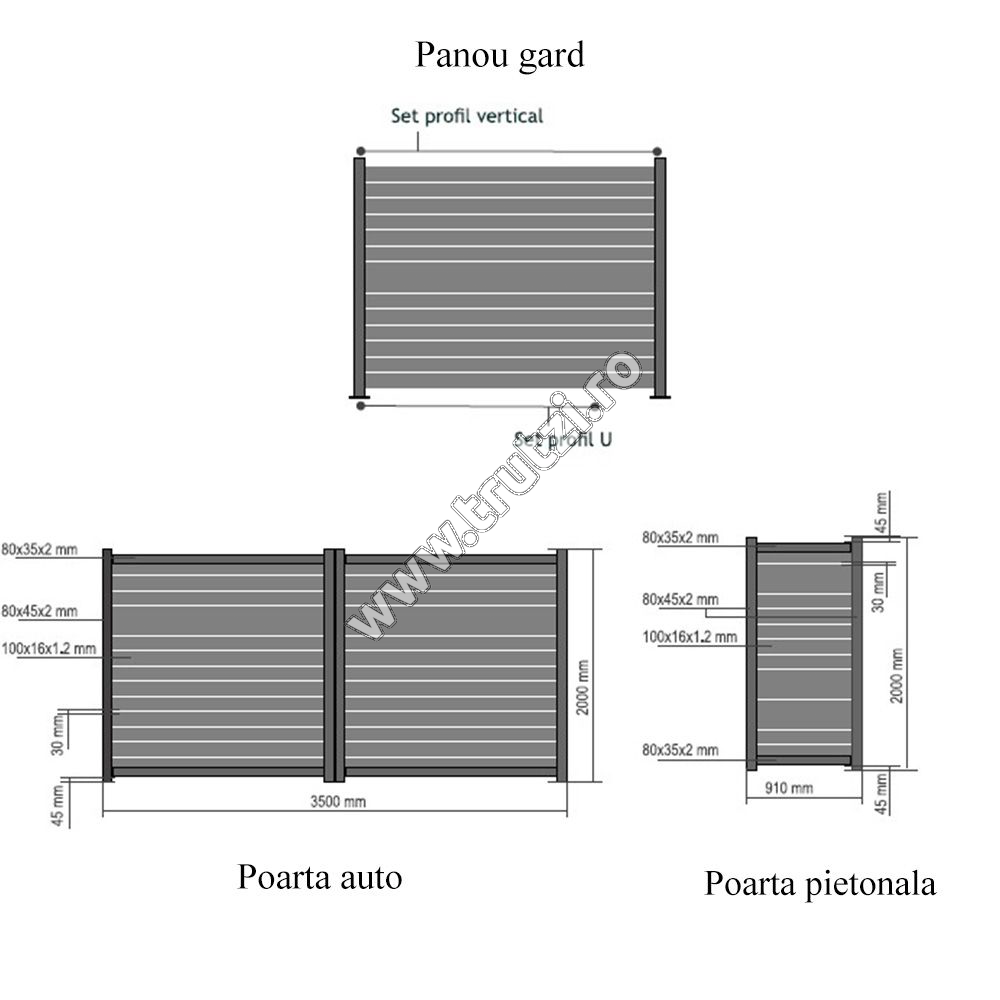 Set profil U 30x30mm, H 1920mm pentru instalare panou aluminiu în cadru de beton, gri RAL 7016