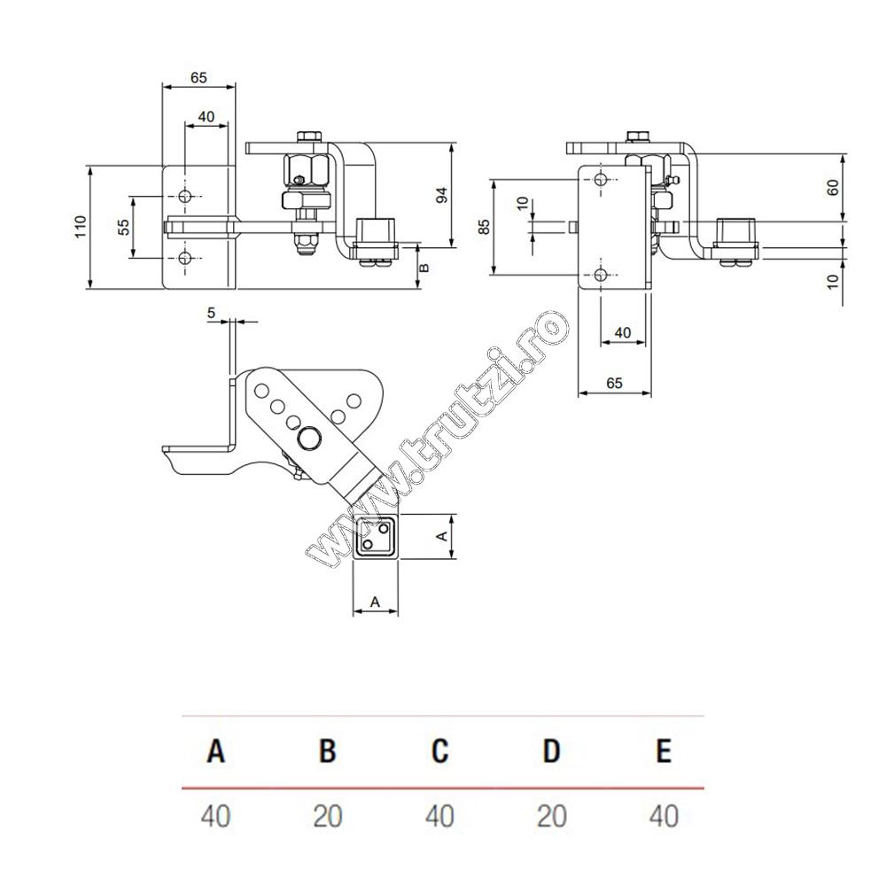 Kit balamale fixare foi porți inclinate stânga 40mm x 40mm din oțel, Comunello